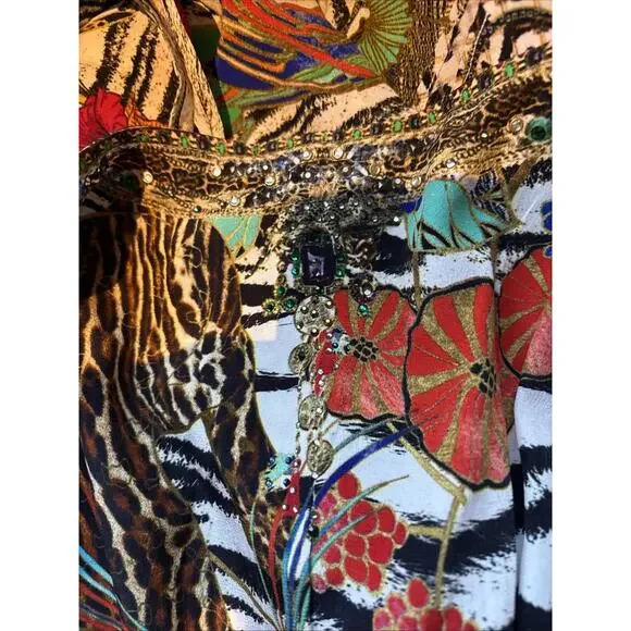 Camilla Womens BLACK WHITE Tiger Silk Romper Multi color sz Med pockets crystals - Picture 15 of 15